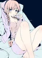 Rule 34 | 1girl, arm up, barefoot, black background, blouse, blush, braid, braided ponytail, breasts, camisole, chips (food), cleavage, eating, food, food in mouth, hand up, highres, long hair, long sleeves, looking at viewer, lying, nail polish, on back, on bed, orange hair, original, pillow, pink camisole, ponytail, potato chips, purple eyes, purple shirt, purple shorts, shirt, shorts, solo, twin braids, twintails, yu yu