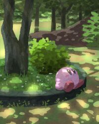 Rule 34 | :o, blue eyes, blush stickers, bush, colored skin, commentary request, dappled sunlight, day, highres, kirby, kirby (series), looking up, miclot, nintendo, no humans, outdoors, park, parted lips, pink skin, red footwear, shoes, sitting, solo, sunlight, tree