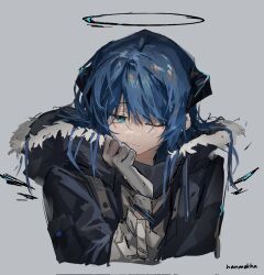 Rule 34 | 1girl, arknights, black jacket, blue eyes, blue hair, commentary, cropped torso, demon horns, fur-trimmed jacket, fur trim, gloves, grey background, halo, highres, horns, jacket, kuroyamamiyuki, looking at viewer, mostima (arknights), one eye closed, shirt, signature, simple background, sketch, smile, solo, white gloves, white shirt, wings