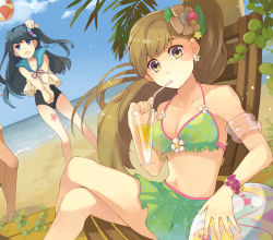 Rule 34 | 2girls, 9room, bad id, bad pixiv id, ball, beach, bikini, blue eyes, blue hair, breasts, brown hair, cleavage, crossed legs, day, drinking, hair ornament, halterneck, leaf, legs, long hair, multiple girls, ocean, open mouth, original, pinebird, sitting, skirt, smile, swimsuit, volleyball, volleyball (object), wristband, yellow eyes