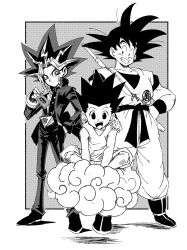 Rule 34 | 3boys, black hair, card, child, closed mouth, crossover, dragon ball, dragonball z, fenyon, fingerless gloves, gloves, gon freecss, greyscale, highres, holding, hunter x hunter, male focus, monochrome, multiple boys, muto yugi, open mouth, pointy hair, smile, son goku, spiked hair, yami yugi, yu-gi-oh!, yu-gi-oh! duel monsters