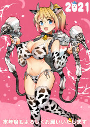 Rule 34 | 1girl, 2021, animal ears, animal print, bell, bikini, blonde hair, blue eyes, blush, boots, breasts, cleavage, collar, commentary request, container, cow ears, cow horns, cow print, cow print bikini, cow print gloves, cow print thighhighs, cowbell, fake animal ears, fake horns, gradient hair, high heels, highres, horns, large breasts, looking at viewer, milk, milking machine, multicolored hair, nakasone haiji, navel, neck bell, open mouth, original, pink background, pink hair, print bikini, print gloves, print thighhighs, side-tie bikini bottom, strap gap, swimsuit, thigh boots, thighhighs