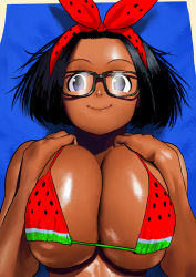 Rule 34 | 1girl, arung samudra (cessa), beach, beach towel, bikini, bikini top only, black hair, breasts, cessa, cleavage, dark-skinned female, dark skin, food, from above, fruit, large breasts, ombok diving and delivery services, outdoors, sand, swimsuit, towel, watermelon