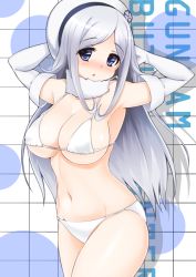 Rule 34 | 10s, 1girl, :o, aila jyrkiainen, armpits, bikini, blue eyes, blush, breasts, cleavage, elbow gloves, full-face blush, gloves, gundam, gundam build fighters, hat, large breasts, long hair, looking at viewer, navel, shiny skin, silver hair, swimsuit, yuna (spn28u79)