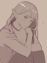 Rule 34 | 1girl, bare arms, bare shoulders, blush, breasts, choker, cleavage, crossed arms, dungeon meshi, elf, flying sweatdrops, hair behind ear, hands on own shoulders, hands up, head, highres, jack (haist), knees up, long hair, looking at viewer, marcille donato, monochrome, pants, pointy ears, puckered lips, self hug, shoulder blush, sideways glance, simple background, sitting, sketch, sleeveless, solo, upper body