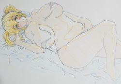 Rule 34 | 1girl, bed sheet, belly, bikini, blush, breasts, breasts apart, covered erect nipples, headphones, huge breasts, looking at viewer, lying, meat day, mitarashi o, navel, nitroplus, on back, one-piece swimsuit, orange eyes, plump, skindentation, solo, stomach, super pochaco, swimsuit, thick thighs, thighs, traditional media, twintails, untied bikini, white bikini, white one-piece swimsuit