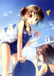 Rule 34 | 2girls, absurdres, arched back, arm support, bare shoulders, blue sky, brown eyes, brown hair, bunting, cameltoe, day, dengeki moeou, highres, holding, kickboard, looking at viewer, multiple girls, old school swimsuit, one-piece swimsuit, open mouth, original, pennant, scan, school swimsuit, shiny clothes, side ponytail, sky, string of flags, swim cap, swimsuit, takoyaki (roast), water, wet, wet hair