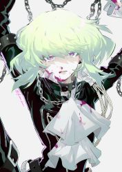 Rule 34 | 1boy, black gloves, black jacket, blood, blood on face, blood on clothes, bound, bound arms, collar, ascot, earrings, gloves, green hair, highres, jacket, jewelry, kaninn, lio fotia, looking at viewer, male focus, parted lips, promare, purple eyes, short hair, solo, spiked collar, spikes, tears