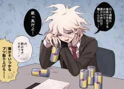 Rule 34 | 1boy, brown jacket, can, chair, collared shirt, commentary request, danganronpa (series), danganronpa 3 (anime), energy drink, grey hair, haizai, holding, holding can, jacket, komaeda nagito, kuzuryu fuyuhiko, layered sleeves, long sleeves, male focus, messy hair, necktie, open mouth, school uniform, shirt, sitting, solo, speech bubble, spoken character, sweat, table, translation request, tsumiki mikan, white shirt