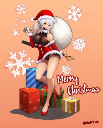 Rule 34 | 1girl, bad id, bad pixiv id, bare shoulders, black leotard, box, breasts, christmas, detached sleeves, dress, dungeon and fighter, fur trim, gift, gift box, hat, high heels, holding, holding sword, holding weapon, large breasts, leotard, leotard under clothes, looking at viewer, merry christmas, notte, parted lips, sack, santa costume, santa hat, sheath, sheathed, short dress, smile, snowflakes, solo, sword, undershirt, weapon