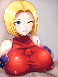 Rule 34 | 1boy, 1girl, absurdres, bare shoulders, blonde hair, blue eyes, blue gloves, blue mary, breasts, bulge, clothed female nude male, collarbone, covered erect nipples, fatal fury, fingerless gloves, gloves, hetero, hetzerfag, highres, large breasts, looking at another, nude, one eye closed, paizuri, paizuri under clothes, parted lips, penis, penis under another&#039;s clothes, red tank top, short hair, simple background, sleeveless, smile, snk, tank top, teeth, the king of fighters, turtleneck, wink