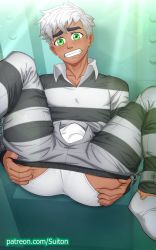 Rule 34 | 1boy, ass, ass grab, blush, briefs, bulge, clenched teeth, clothes pull, crotch, cuffs, danny fenton, danny phantom, dark skin, grabbing own ass, green eyes, hands on ass, highres, male focus, male underwear, open fly, pants, pants pull, restrained, shackles, shirt, silver hair, striped clothes, striped pants, striped shirt, suiton, sweat, teeth, underwear, white male underwear