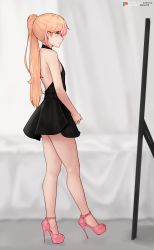 Rule 34 | 1boy, absurdres, arched soles, backless dress, backless outfit, bare legs, black dress, blonde hair, bluefield, blurry, blurry background, closed mouth, commentary request, crossdressing, dress, feet, from side, full body, high heels, highres, indoors, legs, male focus, mirror, mixed-language commentary, multicolored hair, original, own hands together, patreon logo, patreon username, pink footwear, pink hair, platform footwear, ponytail, shadow, short dress, smile, standing, strappy heels, streaked hair, thighs, toeless footwear, trap, twitter username, yellow eyes