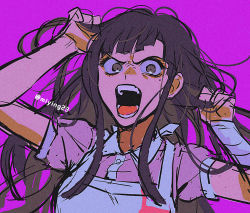Rule 34 | 1girl, apron, black hair, breasts, brown hair, collared shirt, commentary request, danganronpa (series), danganronpa 2: goodbye despair, holding, holding hair, large breasts, long hair, looking at viewer, messy hair, miying (ho ru03 15), mole, mole under eye, multicolored hair, open mouth, pink background, pink shirt, puffy short sleeves, puffy sleeves, shirt, short sleeves, sketch, solo, teeth, tsumiki mikan, two-tone hair, upper body