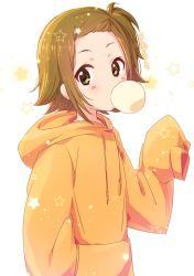 Rule 34 | 1girl, atu, brown eyes, brown hair, blowing bubbles, chewing gum, commentary, highres, hood, hoodie, k-on!, long sleeves, looking at viewer, orange hoodie, oversized clothes, short hair, sleeves past fingers, sleeves past wrists, solo, star (symbol), tainaka ritsu, white background