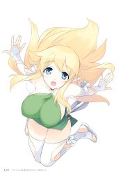 Rule 34 | 1girl, :o, arms behind back, blonde hair, blue eyes, breasts, highres, kneeling, large breasts, long hair, looking at viewer, noise reduction, official art, page number, pointy ears, sandals, scan, solo, thighs, tiffania westwood, usatsuka eiji, white background, white footwear, white legwear, zero no tsukaima