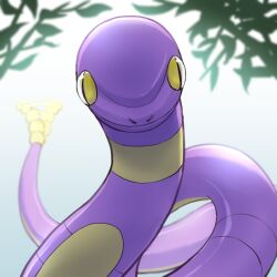 Rule 34 | absurdres, blurry, closed mouth, commentary request, creatures (company), ekans, game freak, gen 1 pokemon, highres, looking at viewer, motion blur, nintendo, no humans, pokemon, pokemon (creature), smile, snake, solo, tail, tail wagging, tkc (user snjd8547), yellow eyes
