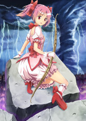 Rule 34 | 10s, 1girl, blue door, blush, bow, bow (weapon), choker, gloves, hair bow, kaname madoka, lightning, looking back, magical girl, mahou shoujo madoka magica, open mouth, pink hair, red eyes, short hair, short twintails, smile, solo, twintails, weapon, white gloves