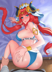 Rule 34 | 1girl, absurdres, ass, ass grab, bare shoulders, blush, breasts, deep skin, from behind, genshin impact, gmeow, green eyes, highres, horns, huge ass, large breasts, long hair, looking at viewer, looking back, nilou (genshin impact), parted lips, red hair, shiny skin, short shorts, shorts, sideboob, solo focus, sports bra, twintails, very long hair
