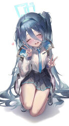 Rule 34 | 1girl, absurdly long hair, aris (blue archive), black hair, black skirt, black socks, blue archive, blue halo, blue necktie, blush, closed eyes, collared shirt, double v, halo, heart, highres, hisiya (wldn1112), long hair, long sleeves, necktie, one side up, open mouth, pleated skirt, shirt, shoes, simple background, skirt, smile, socks, solo, v, very long hair, white background, white footwear, white shirt