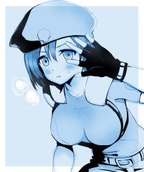 Rule 34 | 1girl, blush, breasts, fingerless gloves, gloves, hat, jill valentine, looking at viewer, medium breasts, nagare, open mouth, resident evil, resident evil 1, short hair
