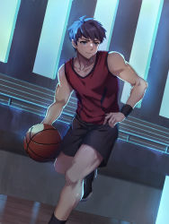 Rule 34 | 1boy, absurdres, backlighting, ball, basketball, basketball (object), black hair, black shorts, blue eyes, collarbone, dark, dutch angle, highres, holding, holding ball, indoors, looking away, male focus, moonlight, night, original, parted lips, playing sports, red tank top, running, sanpaku, shiken, shiny skin, shoes, short hair, short shorts, shorts, sleeveless, sneakers, solo, spiked hair, sportswear, standing, standing on one leg, sweatband, tank top, window, wooden floor, wristband
