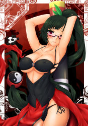 Rule 34 | 1girl, arc system works, armpits, arms up, black bra, black hair, black panties, blazblue, blazblue: calamity trigger, blush, bra, breasts, china dress, chinese clothes, cleavage, dress, covered erect nipples, female focus, glasses, highres, kiryu subalu, lao jiu, lingerie, litchi faye ling, long hair, panties, ponytail, red eyes, solo, underwear, very long hair