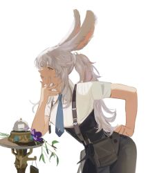 Rule 34 | 1girl, animal ears, bag, bell, blue necktie, brown bag, final fantasy, final fantasy xiv, flower, grey background, grey eyes, grey hair, hand on own hip, head rest, highres, lanhacy, leaning, leaning on object, long hair, mole, mole under mouth, necktie, parted lips, plant, ponytail, purple flower, rabbit ears, simple background, smile, solo, teeth, viera, warrior of light (ff14)