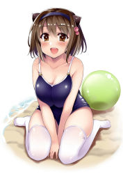Rule 34 | 10s, 1girl, :d, ball, blue one-piece swimsuit, blush, breasts, brown eyes, brown hair, cleavage, commentary request, competition school swimsuit, draph, full body, granblue fantasy, hair between eyes, hairband, highres, kusano (torisukerabasu), large breasts, looking at viewer, no shoes, one-piece swimsuit, open mouth, outdoors, revision, school swimsuit, short hair, sitting, smile, solo, swimsuit, teeth, thighhighs, wariza, water, white background, white thighhighs, yaia (granblue fantasy)