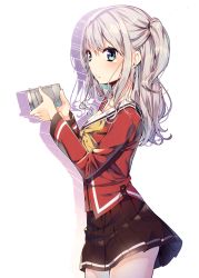 Rule 34 | 10s, 1girl, bad id, bad pixiv id, blue eyes, camcorder, charlotte (anime), from side, highres, holding, long sleeves, pleated skirt, sakuragi ren, school uniform, silver hair, skirt, solo, tomori nao, two side up, video camera, white background