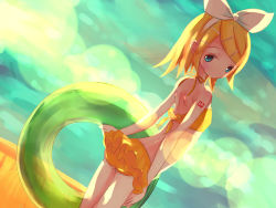 Rule 34 | 1girl, bikini, blonde hair, blue eyes, blush, from behind, kagamine rin, looking at viewer, looking back, short hair, smile, solo, sunset, swimsuit, vocaloid