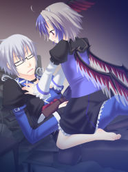 Rule 34 | 1boy, 1girl, barefoot, black skirt, blush, book, boots, bridal gauntlets, couple, curiosities of lotus asia, feet, glasses, hand on another&#039;s chest, head wings, hetero, horns, long sleeves, looking at another, messy, morichika rinnosuke, multicolored hair, open mouth, puffy sleeves, red eyes, saki chisuzu, semi-rimless eyewear, short hair, silver hair, skirt, sleeping, soles, straddling, tokiko (touhou), touhou, wings