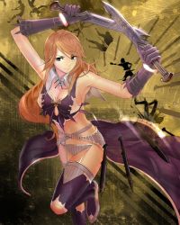 Rule 34 | 1girl, armpits, arms up, bad id, bad pixiv id, bare shoulders, belt, boots, breasts, cape, cleavage, dagger, dual wielding, expressionless, garter straps, gauntlets, grey eyes, holding, holding weapon, knife, leg up, long hair, midriff, navel, orange hair, original, shijima (tanfn), sideboob, silhouette, smile, solo, thigh boots, thighhighs, torn clothes, weapon