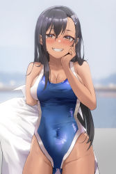 Rule 34 | 1girl, black hair, blue one-piece swimsuit, blurry, blurry background, breasts, brown eyes, cleavage, competition swimsuit, cowboy shot, dark-skinned female, dark skin, drive shot, fang, female focus, grin, hair ornament, hairclip, highres, ijiranaide nagatoro-san, looking at viewer, medium breasts, nagatoro hayase, one-piece swimsuit, smile, solo, swimsuit, tan, towel, two-tone swimsuit