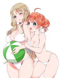Rule 34 | 10s, 2girls, ahoge, alternate costume, arm grab, ball, bare shoulders, beachball, bikini, blue eyes, breasts, cleavage, commentary request, cowboy shot, darling in the franxx, double bun, green eyes, hairband, halterneck, height difference, highres, kanon kei, kokoro (darling in the franxx), large breasts, leaning forward, long hair, medium breasts, miku (darling in the franxx), multiple girls, navel, one eye closed, orange hair, ponytail, short hair, simple background, swimsuit, thighs, twintails, very long hair, wavy hair, white bikini