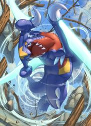 Rule 34 | attack, black sclera, claws, cloud, colored sclera, commentary, creatures (company), day, debris, dragon rush (pokemon), from below, game freak, garchomp, gen 4 pokemon, highres, incoming attack, looking at viewer, nintendo, no humans, open mouth, orange eyes, outdoors, pokemon, pokemon (creature), rock, sharp teeth, sky, solo, spareribs, stick, teeth