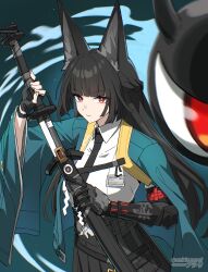 1girl absurdres animal_ears aqua_jacket arm_out_of_sleeve artist_name asiri_senpai black_gloves black_hair black_necktie black_skirt breasts bright_pupils collared_shirt commentary cowboy_shot drawing_sword fingerless_gloves fox_ears fox_girl gloves half_up_braid highres holding holding_sword holding_weapon hoshimi_miyabi id_card jacket jacket_on_shoulders katana long_hair looking_at_viewer medium_breasts necktie prosthesis prosthetic_arm red_eyes scabbard sheath shide shirt single_fingerless_glove skirt solo sword twitter_username unsheathing very_long_hair weapon white_pupils white_shirt zenless_zone_zero