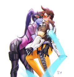 Rule 34 | 2girls, ass, black gloves, bodysuit, breasts, brown hair, colored skin, ear piercing, earrings, energy, eye contact, face-to-face, female focus, gloves, goggles, h p, head-mounted display, highres, hug, imminent kiss, jacket, jewelry, leaning, leaning forward, lips, long hair, looking at another, multiple girls, open clothes, open mouth, overwatch, overwatch 1, parted lips, piercing, ponytail, purple hair, purple skin, round teeth, short hair, smile, spiked hair, standing, surprised, teeth, tracer (overwatch), widowmaker (overwatch), yellow eyes, yuri