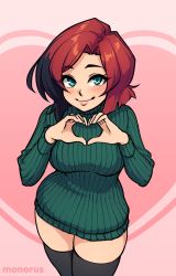 Rule 34 | 1girl, black hair, black thighhighs, blush, breasts, commentary, english commentary, green eyes, green sweater, heart, heart hands, highres, large breasts, long sleeves, monorus, multicolored hair, original, red hair, remi (monorus), ribbed sweater, short hair, smile, solo, sweater, thighhighs, turtleneck, turtleneck sweater, two-tone hair