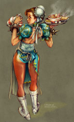 Rule 34 | 1girl, apron, ass, backless outfit, boots, bottle, brown eyes, brown hair, bun cover, capcom, china dress, chinese clothes, chun-li, double bun, dress, food, hair bun, highres, lips, pantyhose, pelvic curtain, profile, solo, stato (statoon), street fighter, tray, watermark