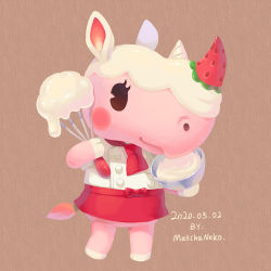 Rule 34 | 1girl, animal crossing, animal ears, apron, artist name, blush, bow, brown background, dated, food, fruit, furry, furry female, matchaneko, merengue (animal crossing), nintendo, rhinoceros, rhinoceros ears, rhinoceros tail, solo, strawberry