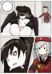 Rule 34 | 2girls, :d, ^ ^, absurdres, anus, armband, beret, black hair, black necktie, bottomless, breasts, caught, cellix, closed eyes, closed mouth, coat, comic, commander (girls&#039; frontline), expressionless, failure, feet out of frame, female commander (girls&#039; frontline), girls&#039; frontline, grey hair, griffin &amp; kryuger military uniform, hair bun, hat, highres, horns, long hair, looking back, medium breasts, multiple girls, name connection, necktie, nichijou, no shoes, open mouth, opening door, ouroboros, ouroboros (girls&#039; frontline), pantyhose, partially undressed, pussy, red coat, red eyes, red headwear, sangvis ferri, shoshinsha mark, silent comic, single side bun, smile, teeth, thighhighs, thought bubble, tongue, tongue out, too literal, trembling, unamused, uncensored, upper teeth only, walk-in