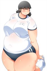 Rule 34 | 1girl, black eyes, black hair, blush, breasts, fat, highres, huge breasts, navel, open mouth, shimejix, solo, thick thighs, thighs