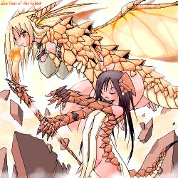 Rule 34 | 2girls, asterisk storage, black hair, blonde hair, bottomless, breasts, character name, closed eyes, covered erect nipples, dragon girl, dragon wings, fire, flat chest, hanging breasts, horns, large breasts, long hair, lowres, magic: the gathering, monster girl, multiple girls, oekaki, orange eyes, personification, staff, tail, wings, yellow eyes, yone88, yonezuka ryou, zirilan of the claw