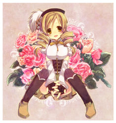 Rule 34 | 10s, 1girl, bad id, bad pixiv id, beret, blonde hair, bouquet, detached sleeves, drill hair, fingerless gloves, flower, gloves, hat, highres, long hair, mahou shoujo madoka magica, mahou shoujo madoka magica (anime), open mouth, rose, sitting, skirt, smile, solo, tahya, thighhighs, tomoe mami, twin drills, twintails, yellow eyes