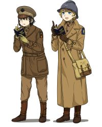 Rule 34 | 2girls, absurdres, adrian helmet, anyan (jooho), bag, black hair, blonde hair, blue eyes, boots, brown coat, brown eyes, brown footwear, brown headwear, brown jacket, brown pants, coat, commentary request, english text, full body, grey headwear, hat, helmet, highres, holding, holding notebook, holding pen, jacket, korean commentary, long sleeves, military, military uniform, multiple girls, notebook, open mouth, original, pants, pen, satchel, short hair, simple background, smile, standing, tongue, tongue out, trench coat, uniform, united states army, white background, writing