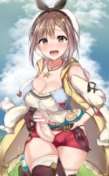Rule 34 | 1girl, absurdres, akiamare, atelier (series), atelier ryza, atelier ryza 1, bar censor, belt, blue sky, blush, breasts, brown eyes, brown gloves, brown hair, brown thighhighs, censored, cleavage cutout, clothing cutout, cloud, collarbone, commentary request, day, erection, futanari, gloves, hands on own hips, hat, highres, jewelry, large breasts, looking at viewer, mosaic censoring, navel, necklace, penis, precum, red shorts, reisalin stout, short hair, short shorts, shorts, single glove, sky, solo, standing, star (symbol), teeth, thighhighs, thighs, upper teeth only, white hat, white thighhighs
