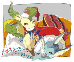 Rule 34 | apios, bad id, bad pixiv id, bauble, black sclera, blue ribbon, blush, border, brown eyes, christmas, christmas ornaments, christmas stocking, closed mouth, clothed pokemon, colored sclera, creatures (company), cushion, fur-trimmed headwear, fur trim, game freak, gen 1 pokemon, gen 4 pokemon, half-closed eye, hat, holly, leafeon, light blush, looking at another, neck ribbon, nintendo, no humans, outside border, pillow, pinecone, pokemon, pokemon (creature), pom pom (clothes), red headwear, ribbon, santa hat, sitting, star (symbol), vaporeon, white border, white eyes, yellow sclera
