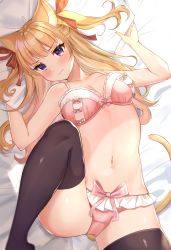 Rule 34 | 1girl, 3:, animal ears, bare arms, bare shoulders, bed sheet, black thighhighs, blonde hair, blush, bra, breasts, cat ears, cat girl, cat tail, closed mouth, frilled panties, frills, frown, hair ribbon, hands up, highres, katsushika pachi, leg up, long hair, looking at viewer, lying, medium breasts, navel, on back, original, panties, pillow, pink bra, pink panties, purple eyes, ribbon, solo, stomach, tail, thighhighs, two side up, underwear, underwear only, v-shaped eyebrows