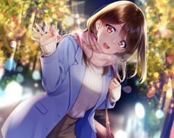 Rule 34 | 1girl, :d, amagi shino, artist name, bag, blue jacket, blurry, blurry background, blush, bokeh, brown hair, depth of field, dutch angle, enpera, handbag, highres, jacket, long hair, long sleeves, looking at viewer, night, open clothes, open jacket, open mouth, original, outdoors, pencil skirt, pink scarf, red eyes, ribbed sweater, scarf, signature, skirt, sleeves past wrists, smile, solo, standing, sweater, tree, waving, white sweater